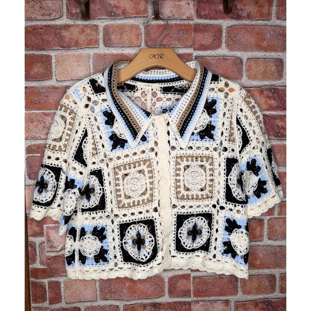 G&D Crochet Cardigan Top Granny Square Patchwork Boho Short Sleeve Cream Blue M